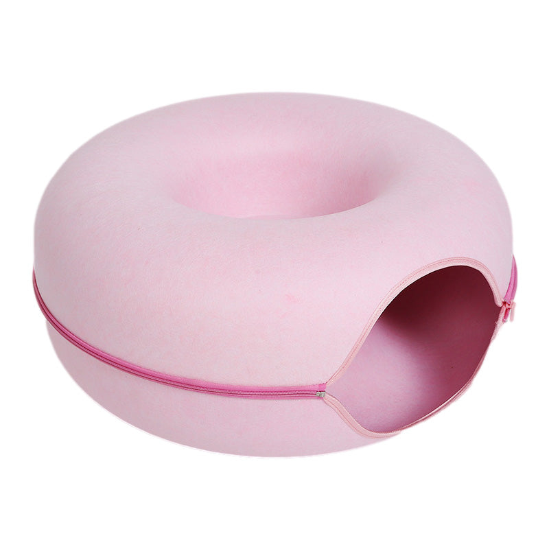 2-in-1 Felt Donut Cat Bed & Interactive Tunnel Cave