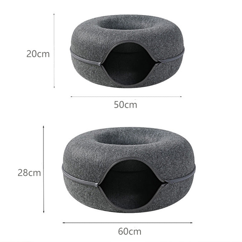 2-in-1 Felt Donut Cat Bed & Interactive Tunnel Cave