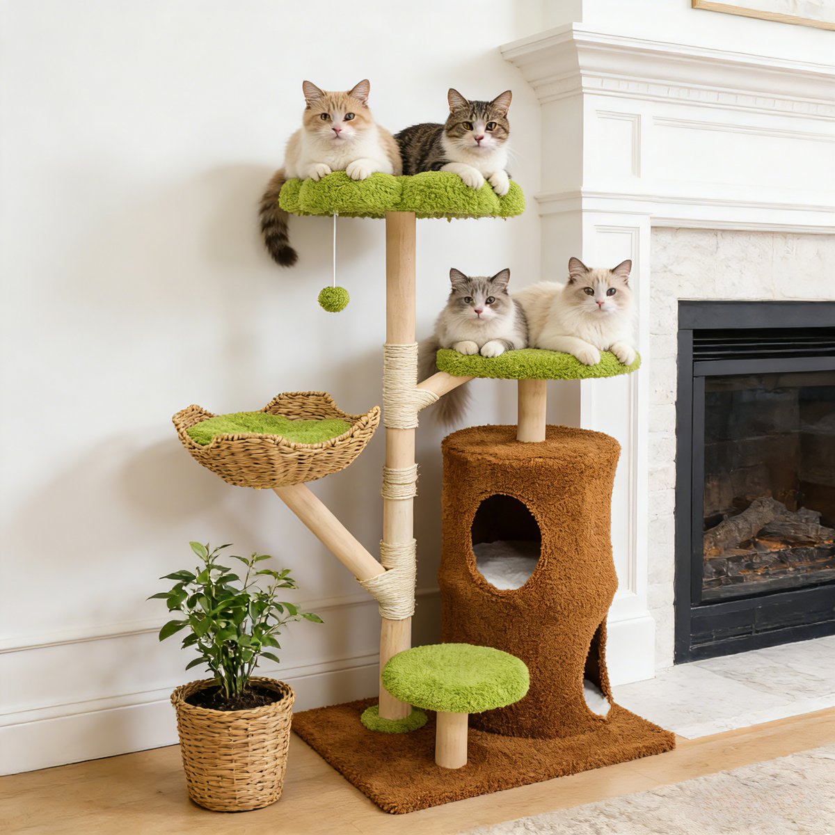 Multi-Tier Indoor Cat Tree Tower with Wicker Basket