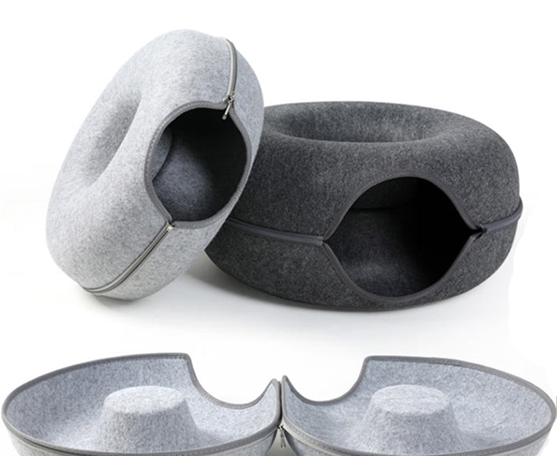 2-in-1 Felt Donut Cat Bed & Interactive Tunnel Cave