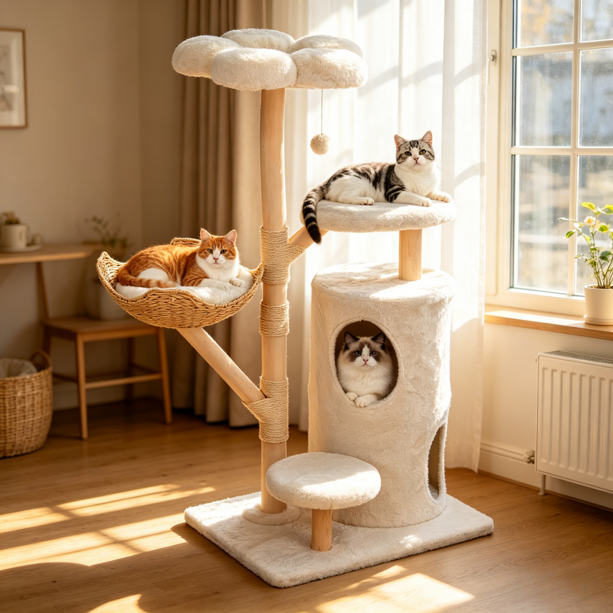 Multi-Tier Indoor Cat Tree Tower with Wicker Basket
