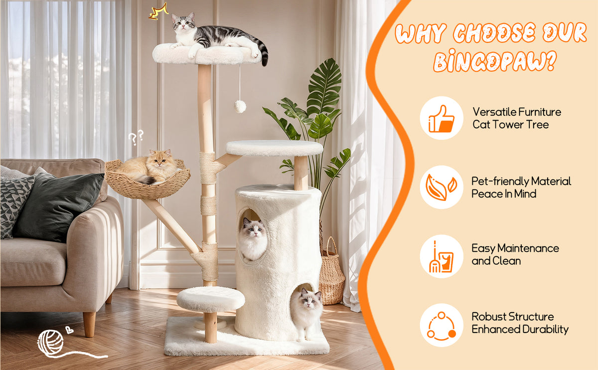 Multi-Tier Indoor Cat Tree Tower with Wicker Basket