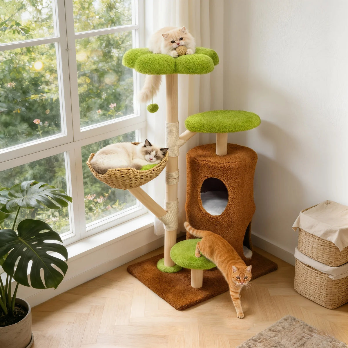 Multi-Tier Indoor Cat Tree Tower with Wicker Basket