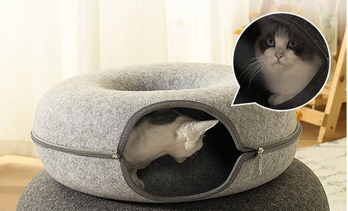 2-in-1 Felt Donut Cat Bed & Interactive Tunnel Cave