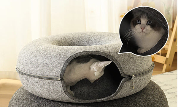 2-in-1 Felt Donut Cat Bed & Interactive Tunnel Cave