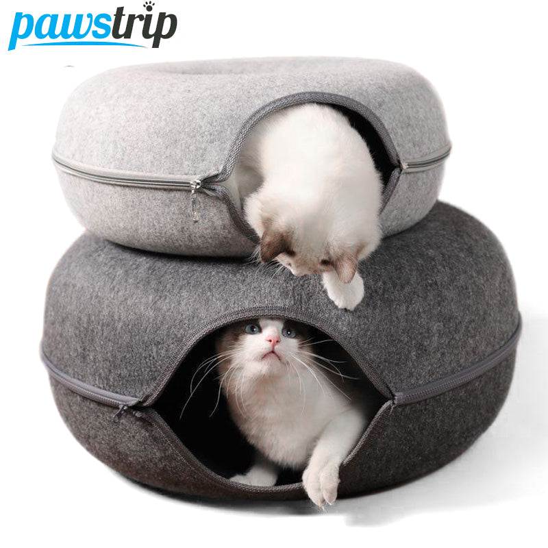 2-in-1 Felt Donut Cat Bed & Interactive Tunnel Cave