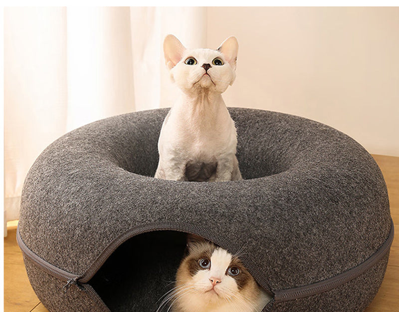 2-in-1 Felt Donut Cat Bed & Interactive Tunnel Cave