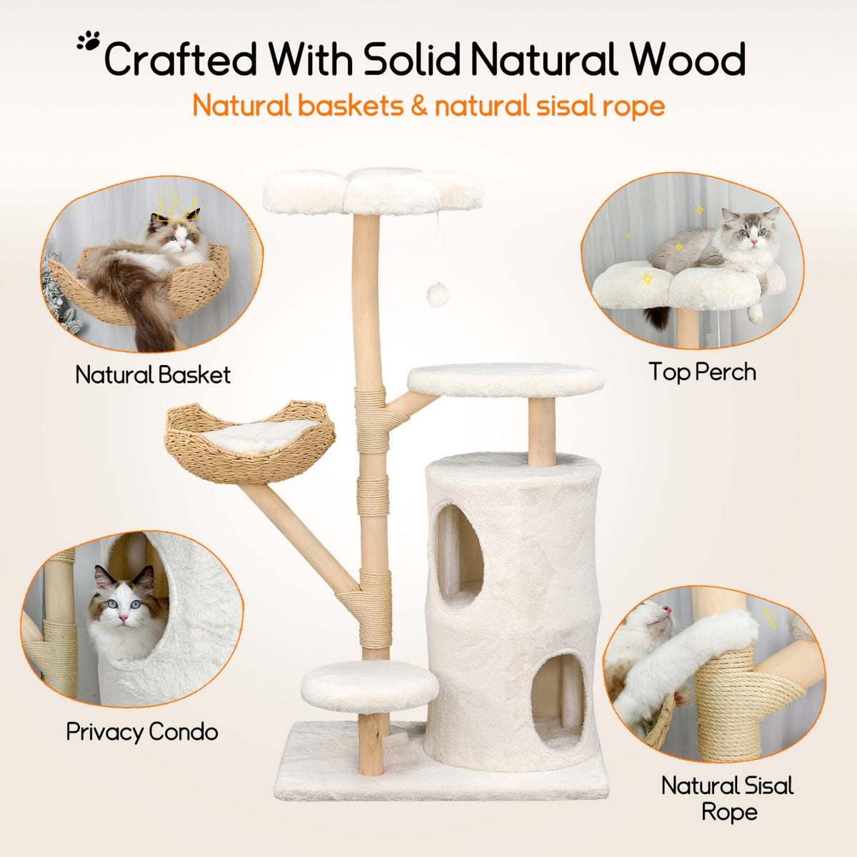 Multi-Tier Indoor Cat Tree Tower with Wicker Basket