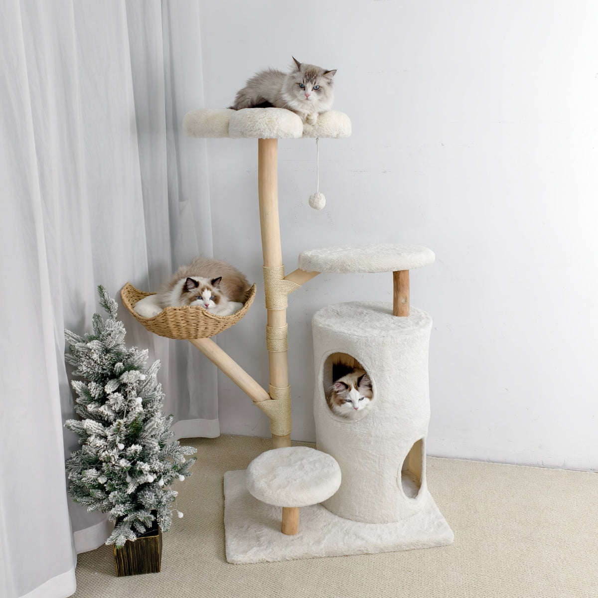 Multi-Tier Indoor Cat Tree Tower with Wicker Basket