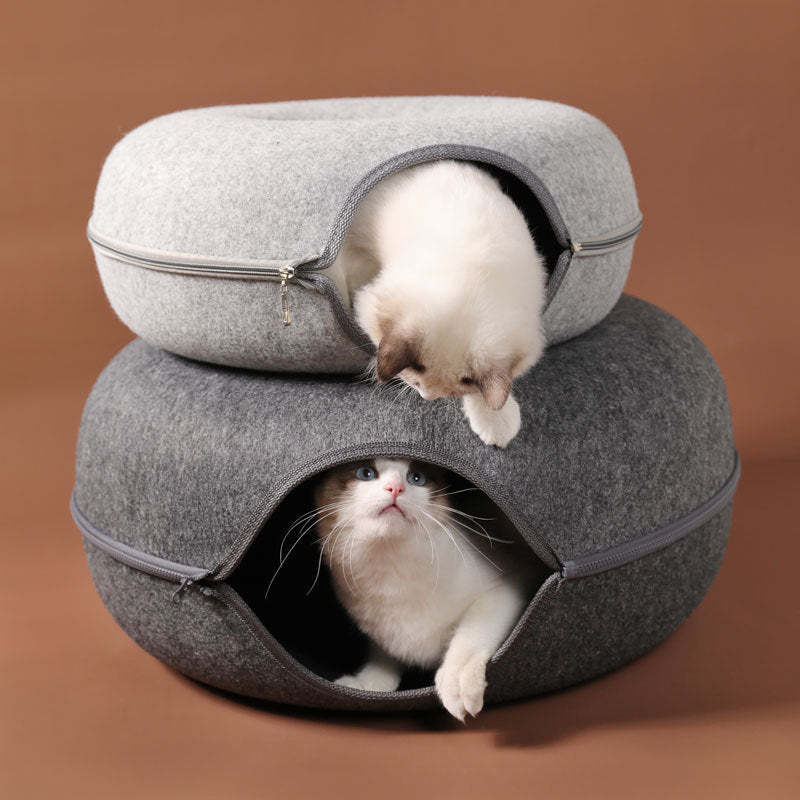 2-in-1 Felt Donut Cat Bed & Interactive Tunnel Cave
