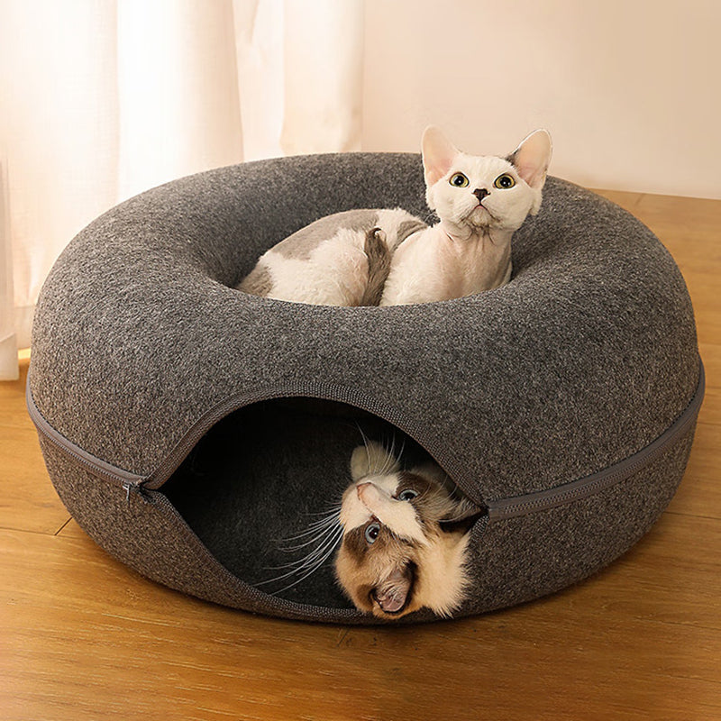 2-in-1 Felt Donut Cat Bed & Interactive Tunnel Cave