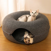 2-in-1 Felt Donut Cat Bed & Interactive Tunnel Cave