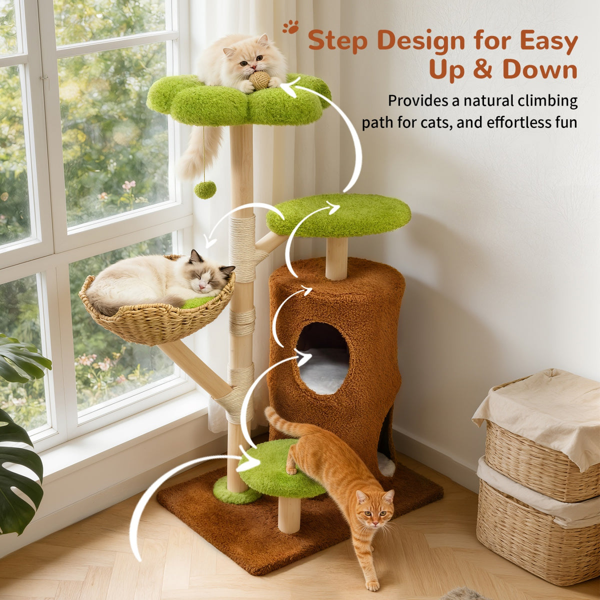 Multi-Tier Indoor Cat Tree Tower with Wicker Basket