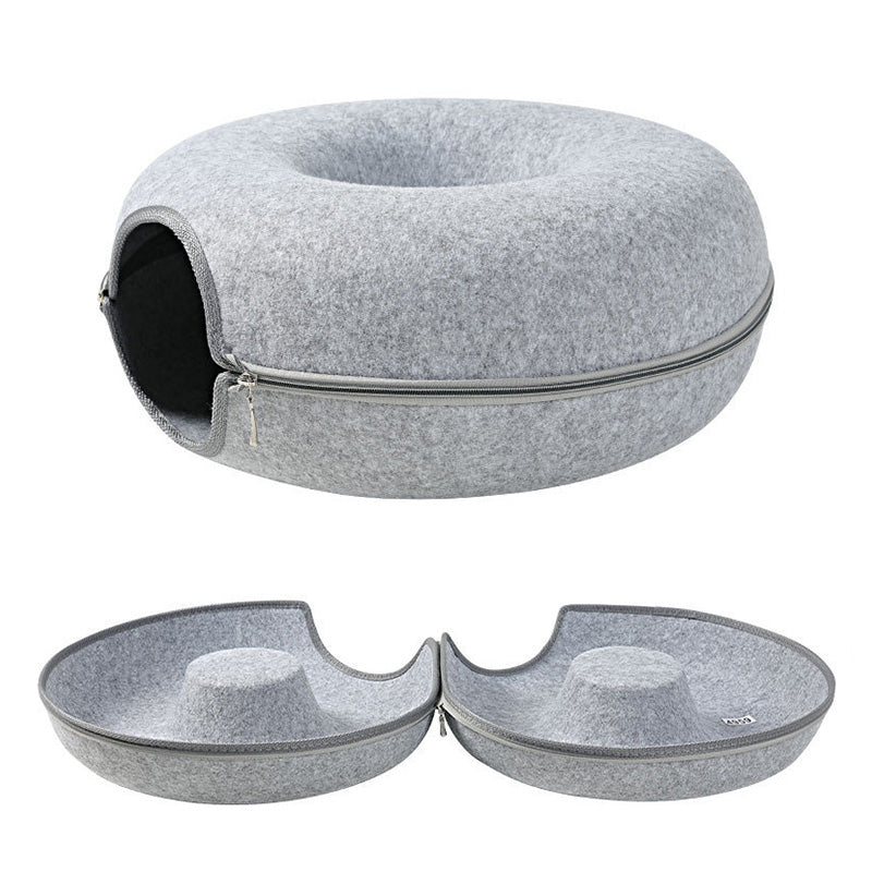 2-in-1 Felt Donut Cat Bed & Interactive Tunnel Cave
