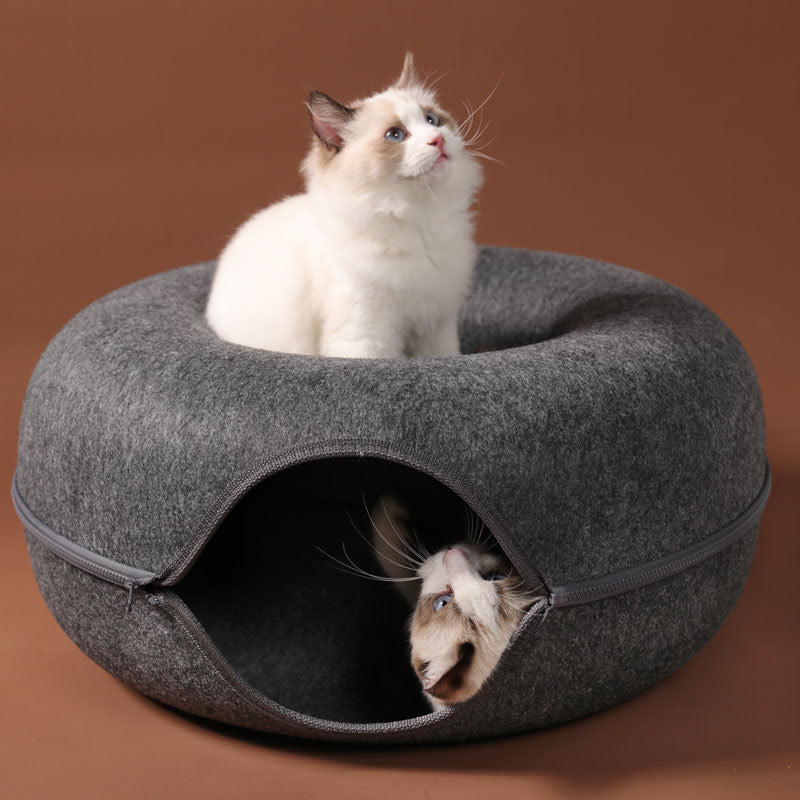 2-in-1 Felt Donut Cat Bed & Interactive Tunnel Cave